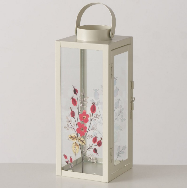 Lanterna in metallo e vetro decorata con rosa canina, ideale come decoro autunnale